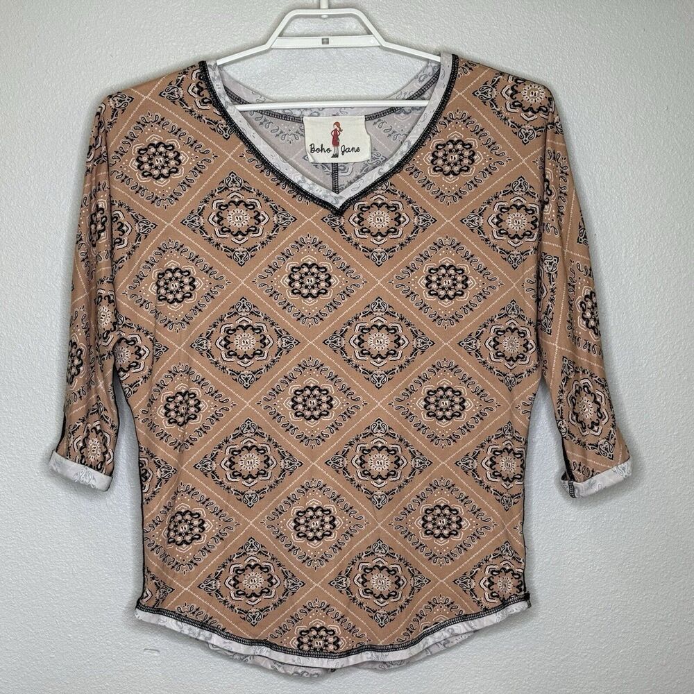 Boho Jane Women's Top Size Small Pink Black Print‎ V-Neck 3/4 Sleeve Stretch Tee
